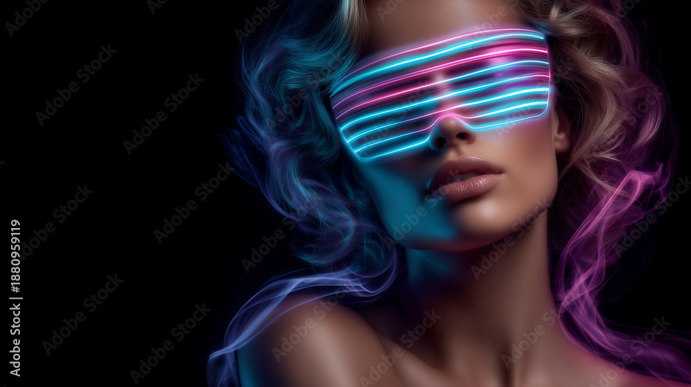 Naklejka premium futuristic woman, neon visor, cyber fashion, neon glasses, futuristic portrait, cyberpunk style, glowing eyewear, woman portrait, dark background, fashion concept, beauty portrait