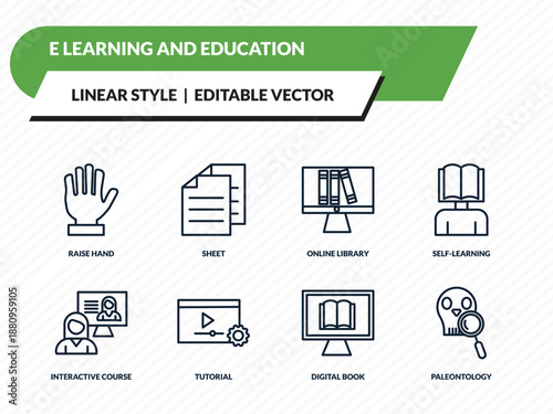 e learning and education icons set - raise hand, sheet, online library, digital book, paleontology outline vector collection.