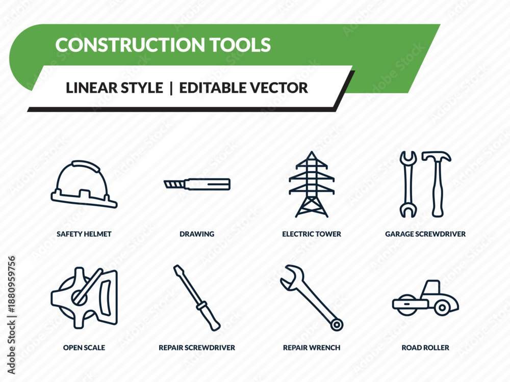 Fototapeta premium construction tools icons set - safety helmet, drawing, electric tower, repair wrench, road roller outline vector collection.
