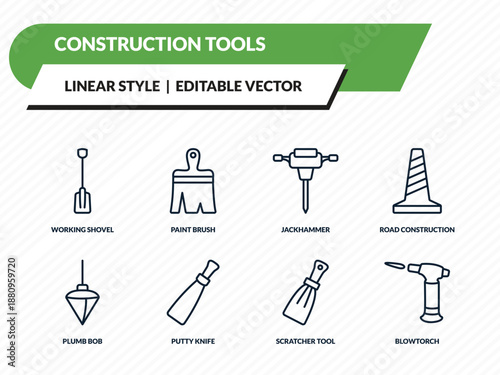 construction tools icons set - working shovel, paint brush, jackhammer, scratcher tool, blowtorch outline vector collection.