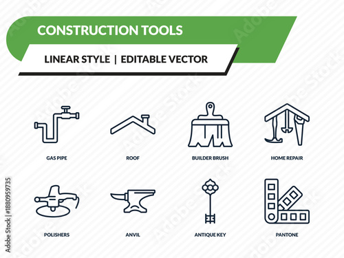 construction tools icons set - gas pipe, roof, builder brush, antique key, pantone outline vector collection.