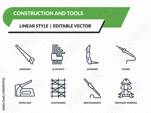 construction and tools icons set - handsaw, allen keys, jackknife, iron soldering, mechanic working outline vector collection.