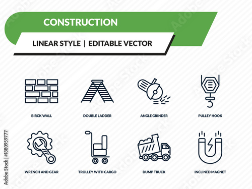 construction icons set - birck wall, double ladder, angle grinder, dump truck, inclined magnet outline vector collection.