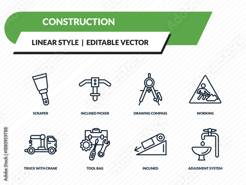 construction icons set - scraper, inclined picker, drawing compass, inclined, adjusment system outline vector collection.