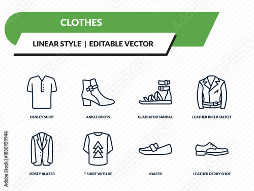 clothes icons set - henley shirt, ankle boots, gladiator sandal, loafer, leather derby shoe outline vector collection.