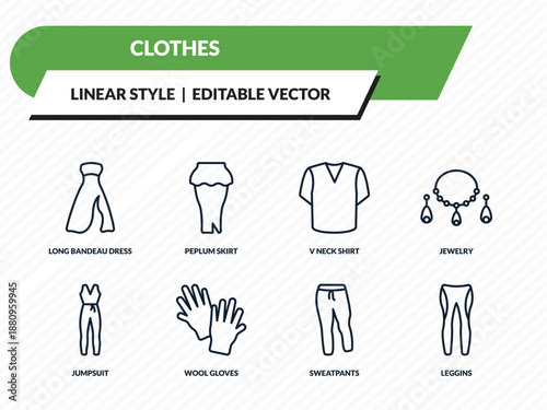 clothes icons set - long bandeau dress, peplum skirt, v neck shirt, sweatpants, leggins outline vector collection.