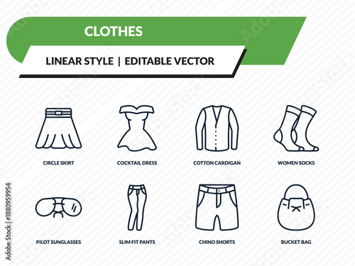 clothes icons set - circle skirt, cocktail dress, cotton cardigan, chino shorts, bucket bag outline vector collection.