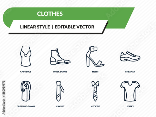 clothes icons set - camisole, brisk boots, heels, necktie, jersey outline vector collection.