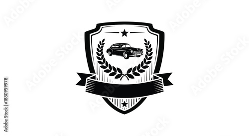 an ornate emblem displays a classic automobile framed by laurel wreaths and a ribbon banner creating a vintage aesthetic silhouette