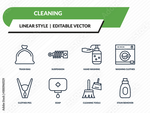 cleaning icons set - trash bag, suspension, hand washing, cleaning tools, stain remover outline vector collection.