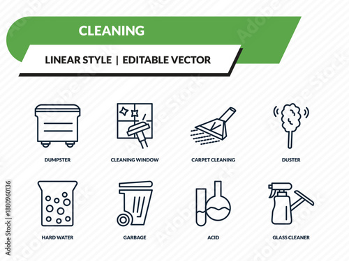 cleaning icons set - dumpster, cleaning window, carpet cleaning, acid, glass cleaner outline vector collection.