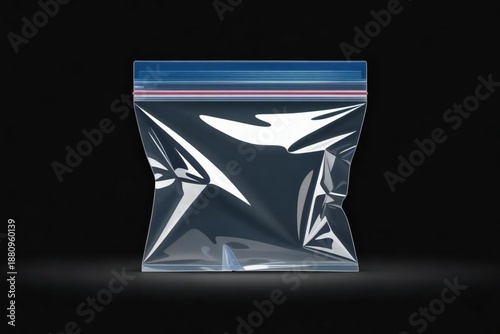 A resealable clear plastic storage bag with a blue and pink zipper seal