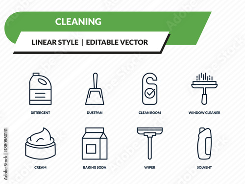 cleaning icons set - detergent, dustpan, clean room, wiper, solvent outline vector collection.