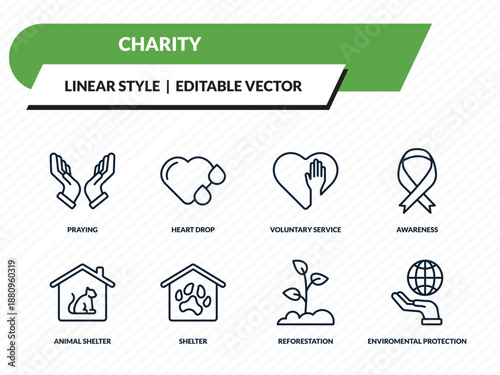 charity icons set - praying, heart drop, voluntary service, reforestation, enviromental protection outline vector collection.