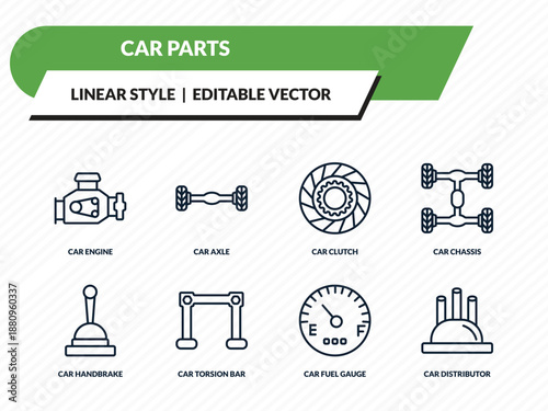 car parts icons set - car engine, car axle, clutch, fuel gauge, distributor cap outline vector collection.