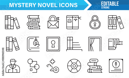 Mystery novel and detective tools icons in clean outline style