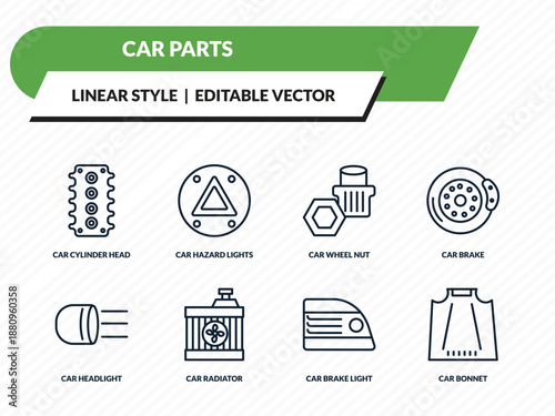 car parts icons set - car cylinder head, car hazard lights, wheel nut, brake light, bonnet outline vector collection.