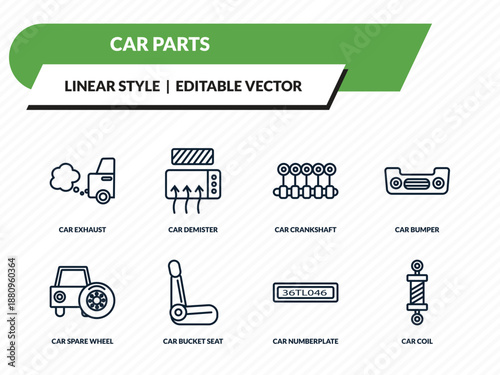 car parts icons set - car exhaust, car demister, crankshaft, numberplate, coil outline vector collection.