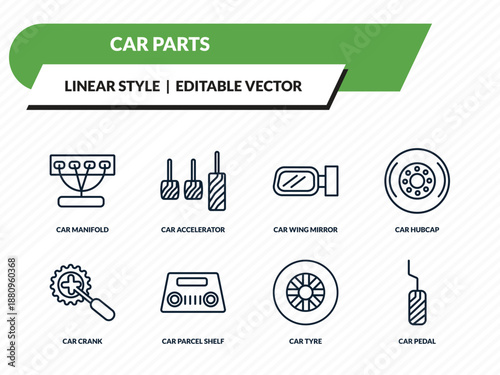 car parts icons set - car manifold, car accelerator, wing mirror, tyre, pedal outline vector collection.