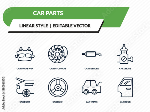 car parts icons set - car brake pad, car disc brake, silencer, taiate, door outline vector collection.