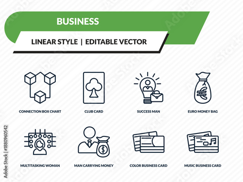 business icons set - connection box chart, club card, success man, color business card, music business card outline vector collection.