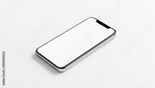 Modern smartphone with blank white screen on clean surface, showcasing minimalist design, sleek hardware features, and neutral background for technology, product mockup, or user interface presentation