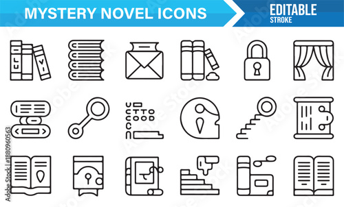 Detective story and mystery novel outline icon set