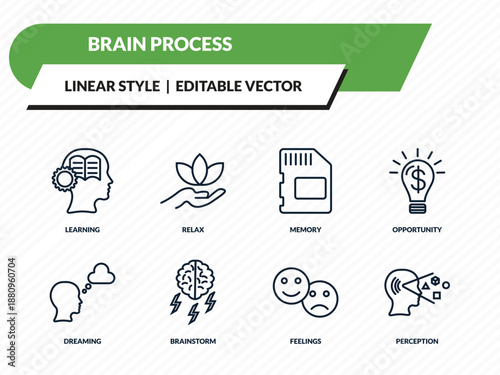brain process icons set - learning, relax, memory, feelings, perception outline vector collection.