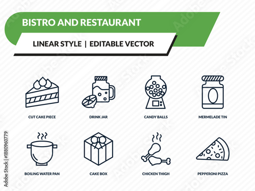 bistro and restaurant icons set - cut cake piece, drink jar, candy balls, chicken thigh, pepperoni pizza outline vector collection.