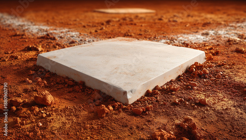 Baseball home plate rests on dirt infield near chalk lines. Close up detail of base on sporting ball game diamond.