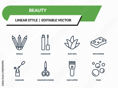 beauty icons set - pencils, concealer, aloe vera, hair clipper, foam outline vector collection.