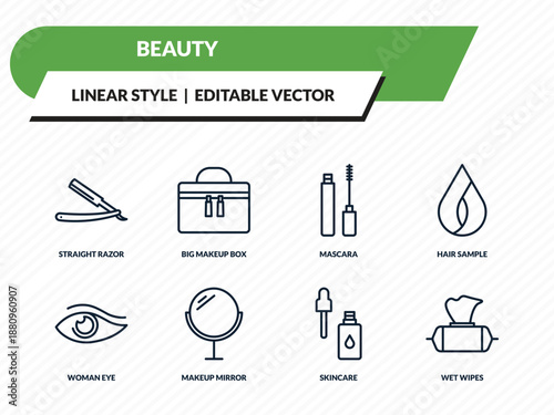 beauty icons set - straight razor, big makeup box, mascara, skincare, wet wipes outline vector collection.