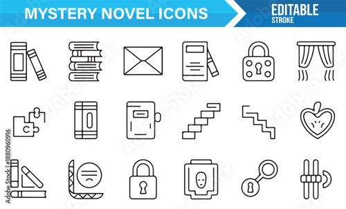 Mystery novel icon set in editable outline vector style