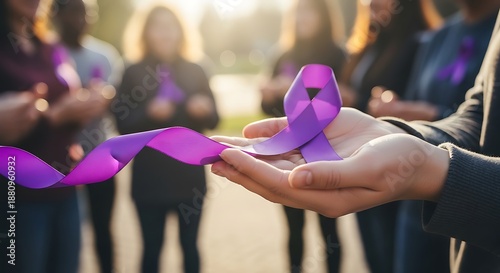 Hand holding a purple ribbon to support epilepsy awareness and world cancer day