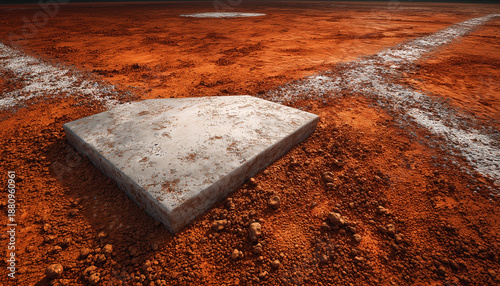 Baseball home plate rests on dirt infield near chalk lines. Close up detail of base on sporting ball game diamond.