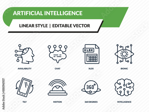 artificial intelligence icons set - availability, chat, xlsx, 360 degrees, intelligence outline vector collection.