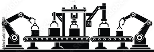 Robotic arms precisely operating on an automated assembly line with conveyor belts demonstrating modern manufacturing processes against a backdrop of technology circuits and gears.