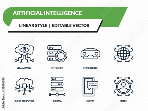 artificial intelligence icons set - visualization, efficiency, stereoscope, survey, users outline vector collection.