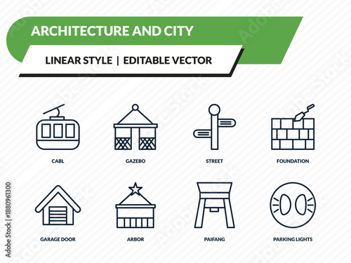 architecture and city icons set - cabl, gazebo, street, paifang, parking lights outline vector collection.