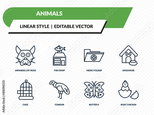 animals icons set - japanese cat head, fish shop, medic folder, buttefly, baby chicken outline vector collection.