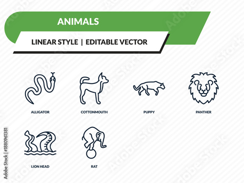 animals icons set - alligator, cottonmouth, puppy, kraken, elephant on a ball outline vector collection.