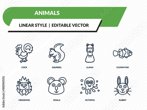 animals icons set - cock, squirrel, llama, octopus, rabbit outline vector collection.