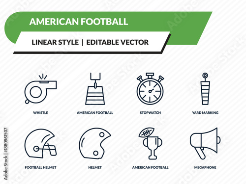 american football icons set - whistle, american football field, stopwatch, american football cup, megaphone outline vector collection.
