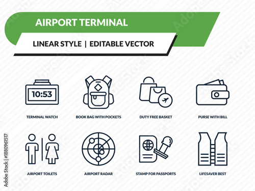 airport terminal icons set - terminal watch, book bag with pockets, duty free basket, stamp for passports, lifesaver best outline vector collection.