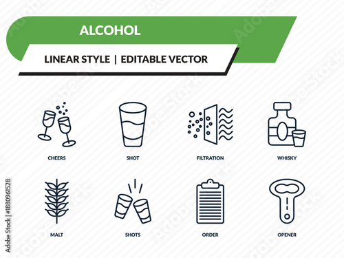 alcohol icons set - cheers, shot, filtration, order, opener outline vector collection.