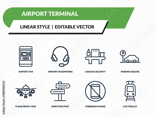 airport terminal icons set - airport atm, airport headphones, luggage security, forbbiden phone, car trolley outline vector collection.
