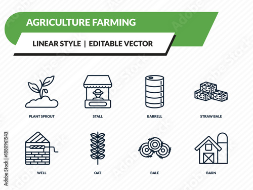 agriculture farming icons set - plant sprout, stall, barrell, bale, barn outline vector collection.
