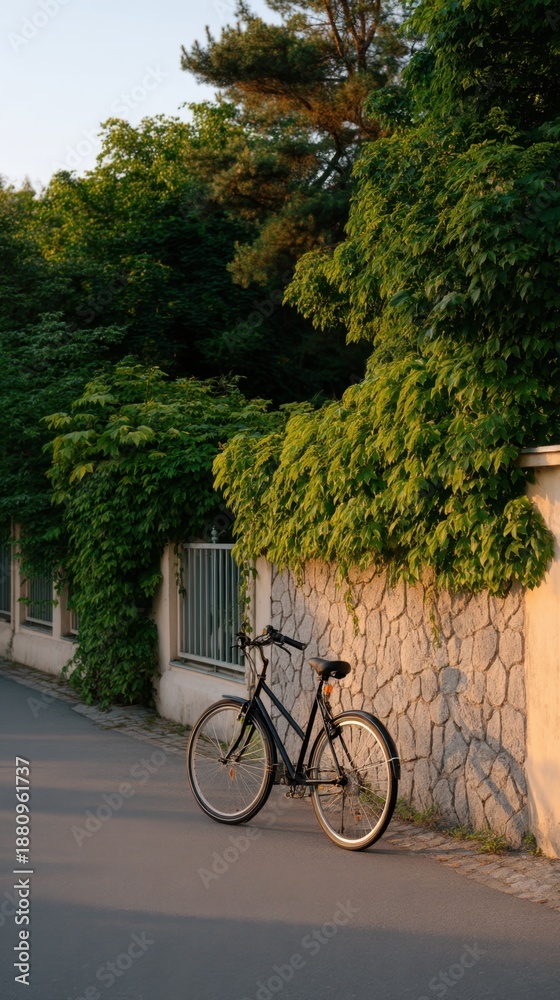 Fototapeta premium Serene Scene with Bicycle Parked Beside Ivy-Covered Wall at Sunset