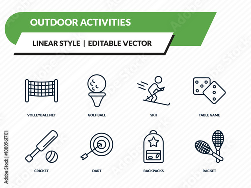 outdoor activities icons set - volleyball net, golf ball, skii, backpacks, racket outline vector collection.