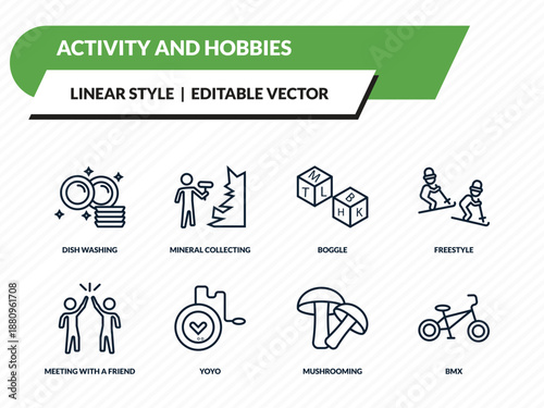 activity and hobbies icons set - dish washing, mineral collecting, boggle, mushrooming, bmx outline vector collection.